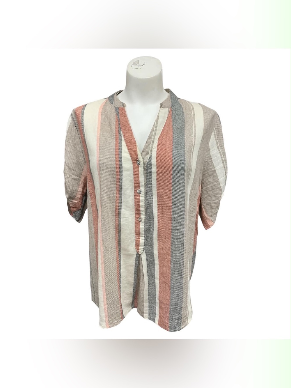 Saint Tropez Linen West Striped Button-Front Top in Coral, Cream & Gray Size Xl